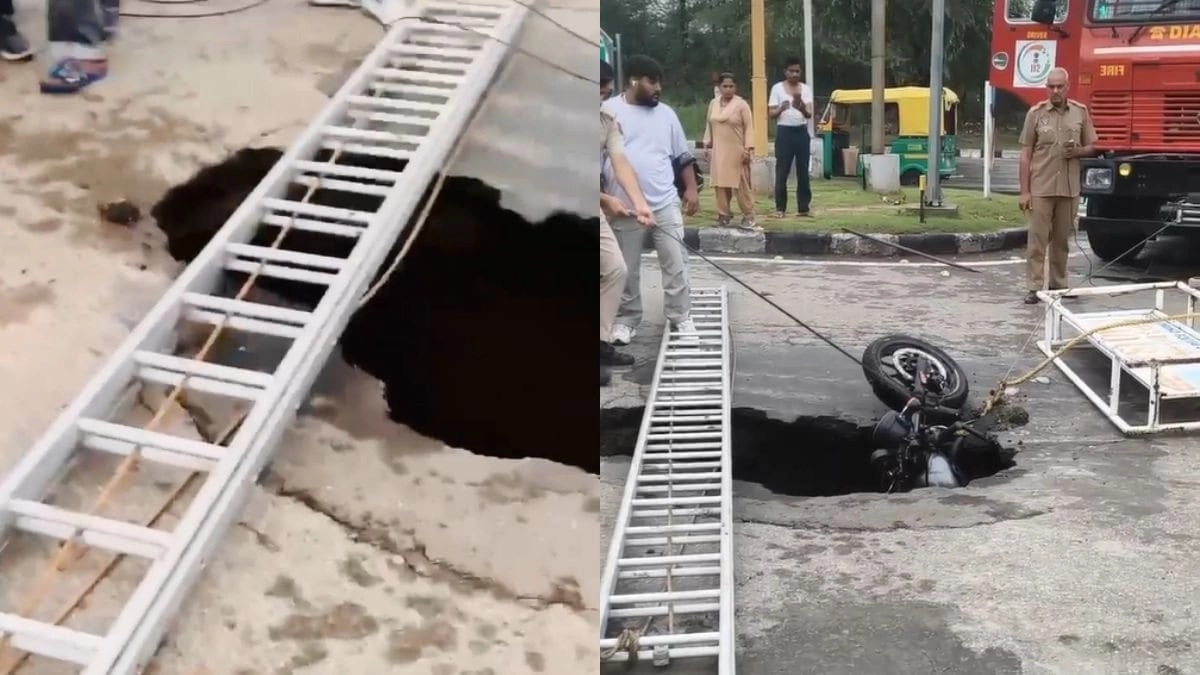 Bike Falls into Ditch as Chandigarh Road Collapses