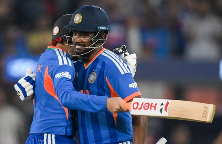 India Sets Record T20 World Cup Knockout Score with Sanju-Abhishek