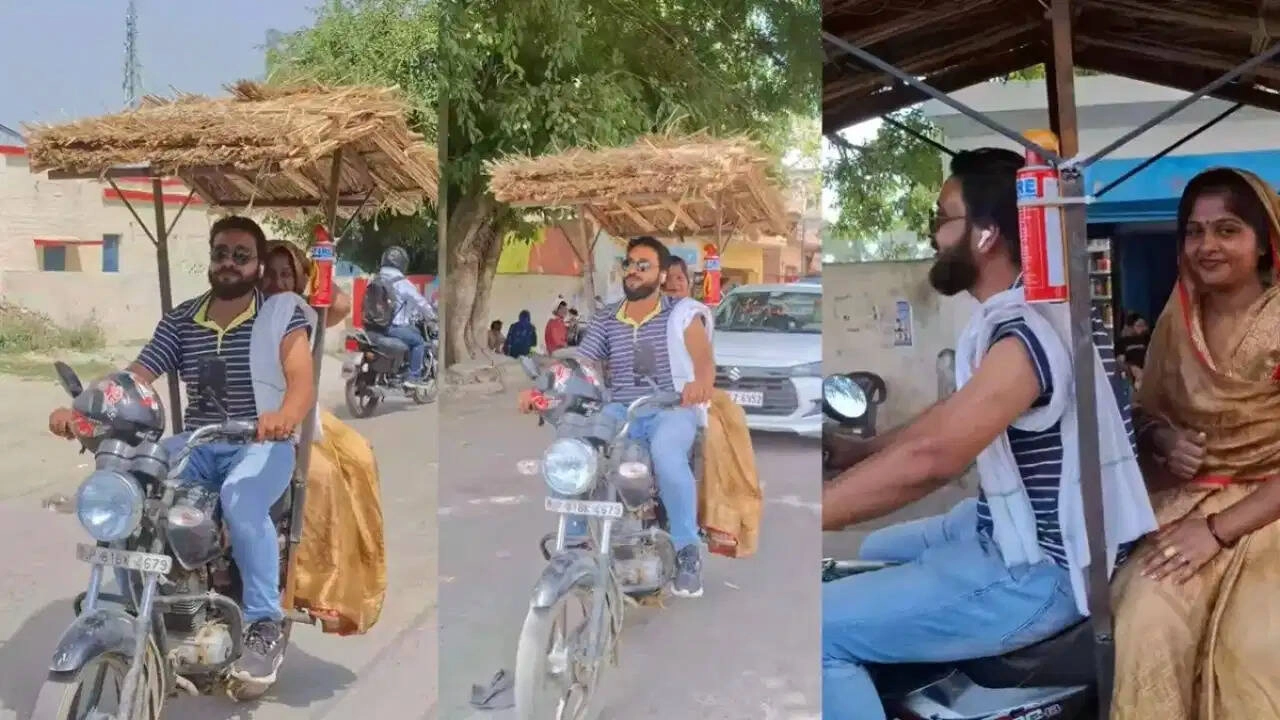 Husband Builds Thatch Roof on Bike to Protect Wife from Sun