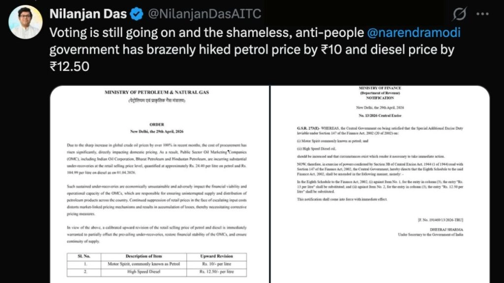 TMC Leader Posts Fake Fuel Price Hike Documents on Election Day