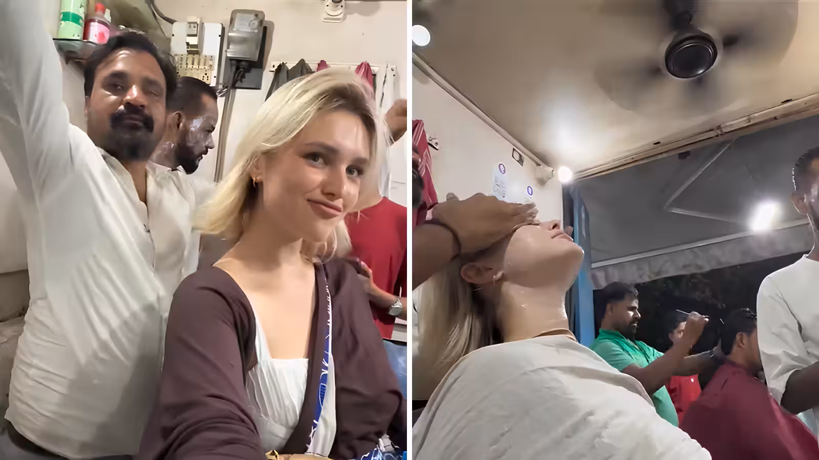 Russian Woman Impressed by Men's Salon Face Massage Service